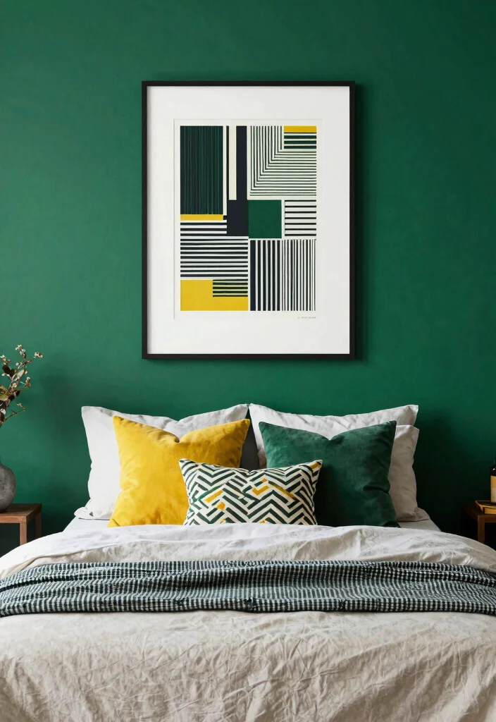 15 Dark Green Accent Wall Bedroom Ideas Bold and Cozy - 5. Dark Green with Bold Accents 1