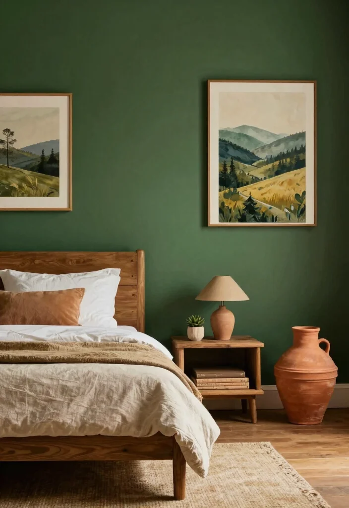 15 Dark Green Accent Wall Bedroom Ideas Bold and Cozy - 6. Earthy Tones to Complement Dark Green 1