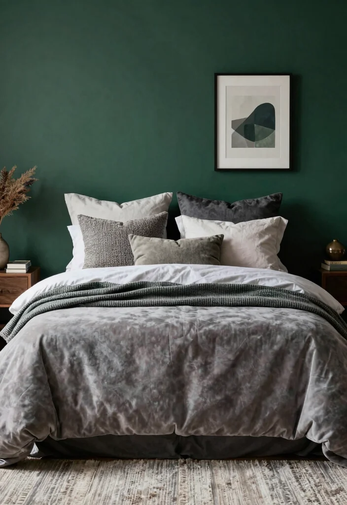 15 Dark Green Accent Wall Bedroom Ideas Bold and Cozy - 7. Layering Textures and Fabrics 1