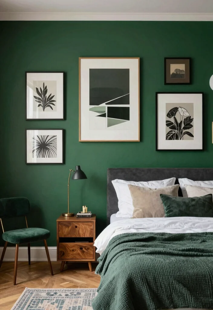 15 Dark Green Accent Wall Bedroom Ideas Bold and Cozy - 8. Artistic Flair with Dark Green 1