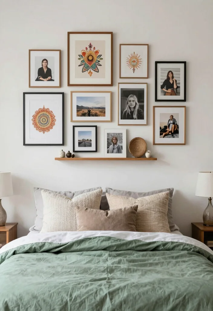 15 Sage Green Comforter Bedroom Ideas: Calm Cozy Layers - 10. Personal Touches with Artwork 1