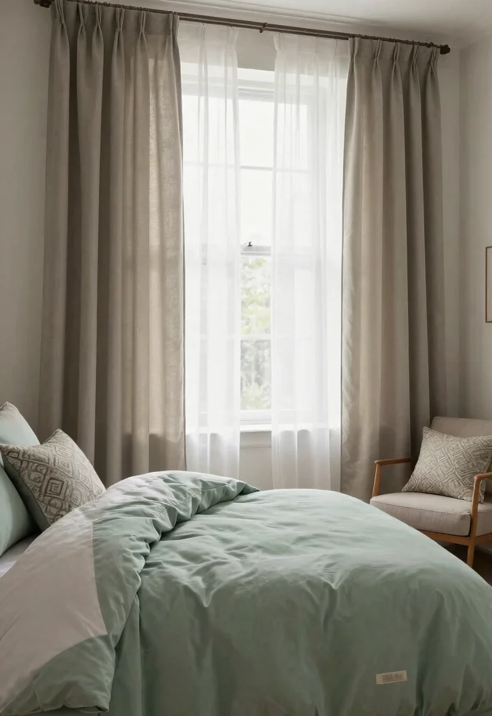 15 Sage Green Comforter Bedroom Ideas: Calm Cozy Layers - 11. Layered Fabrics for Window Treatments 1
