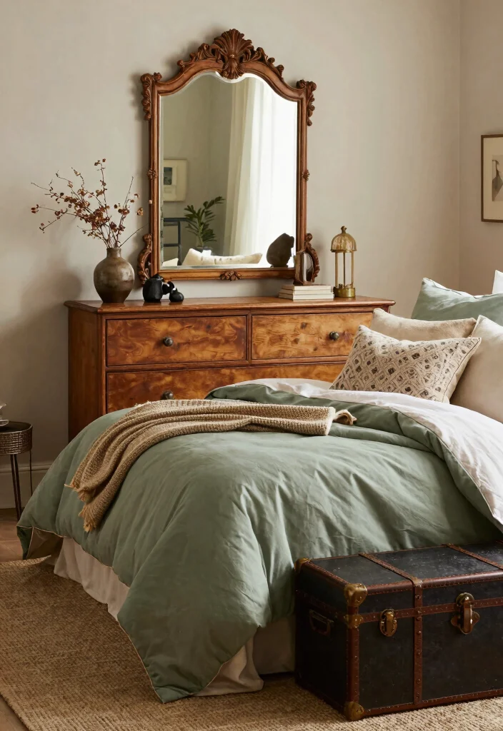 15 Sage Green Comforter Bedroom Ideas: Calm Cozy Layers - 12. Adding a Touch of Vintage 1