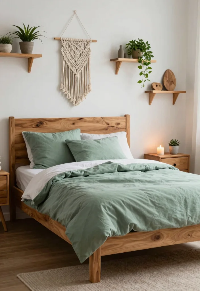 15 Sage Green Comforter Bedroom Ideas: Calm Cozy Layers - 2. Accents of Natural Wood 1