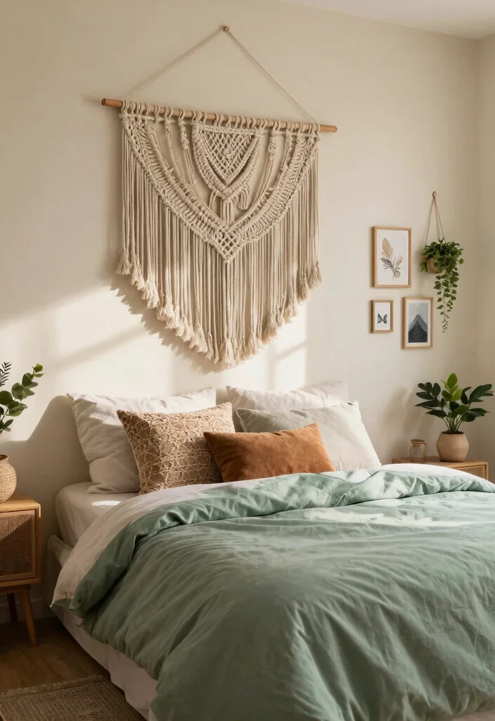 15 Sage Green Comforter Bedroom Ideas: Calm Cozy Layers - 3. Bohemian Wall Hangings 1