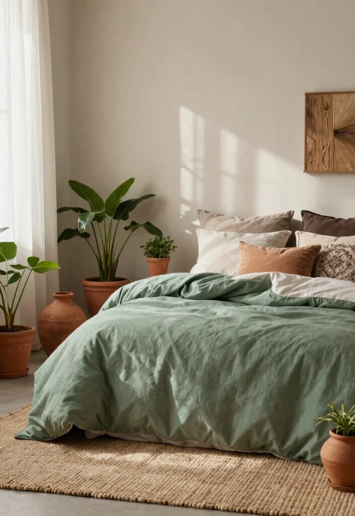 15 Sage Green Comforter Bedroom Ideas: Calm Cozy Layers - 7. Embracing Earthy Accents 1