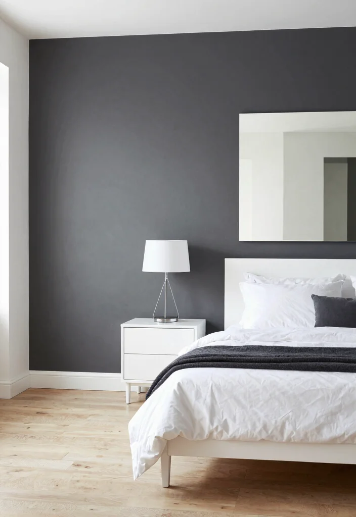 16 Charcoal Accent Wall Bedroom Ideas for a Modern Dramatic Look - 1. Bold Charcoal and White Contrast 1