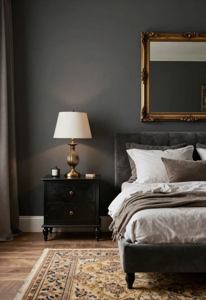 16 Charcoal Accent Wall Bedroom Ideas for a Modern Dramatic Look - 13. Vintage Touches 1
