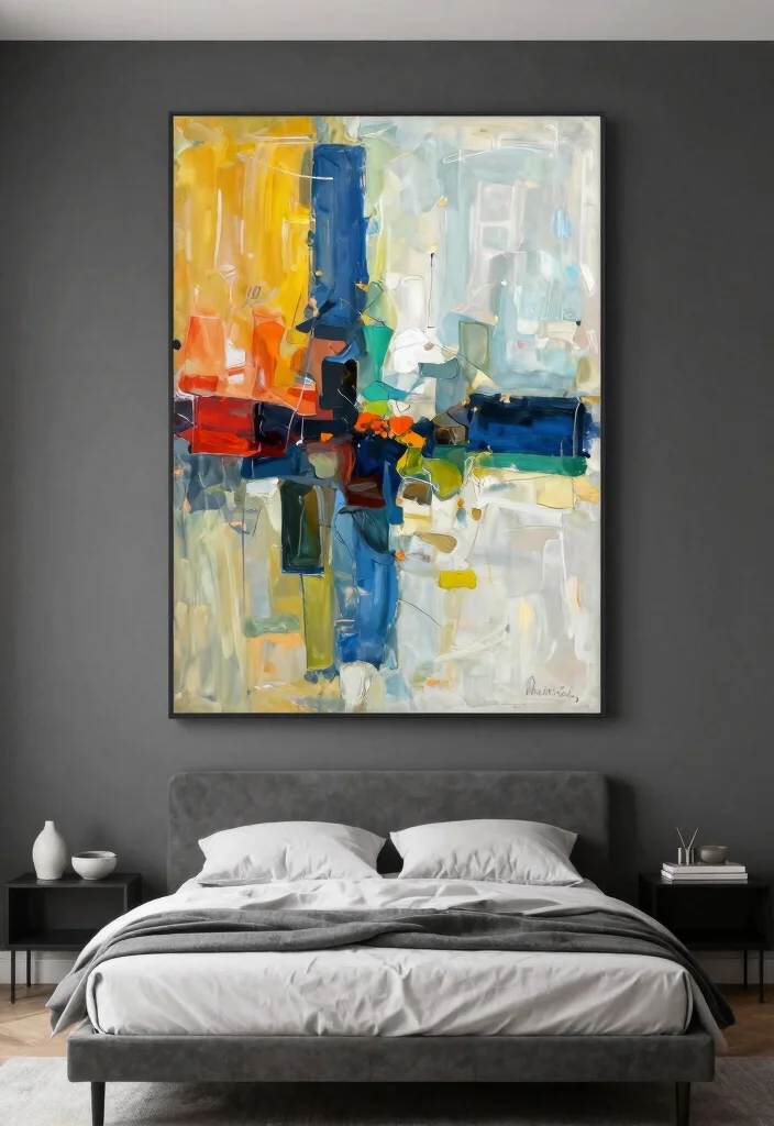 16 Charcoal Accent Wall Bedroom Ideas for a Modern Dramatic Look - 3. Incorporating Artwork 1