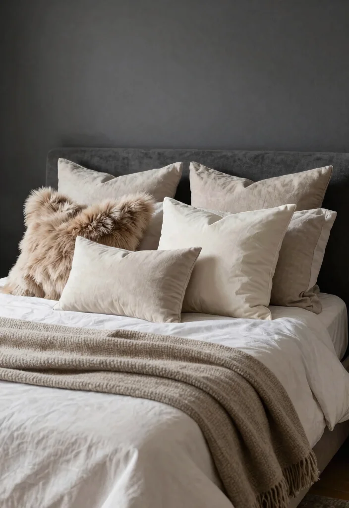 16 Charcoal Accent Wall Bedroom Ideas for a Modern Dramatic Look - 4. Cozy Bed Textiles 1