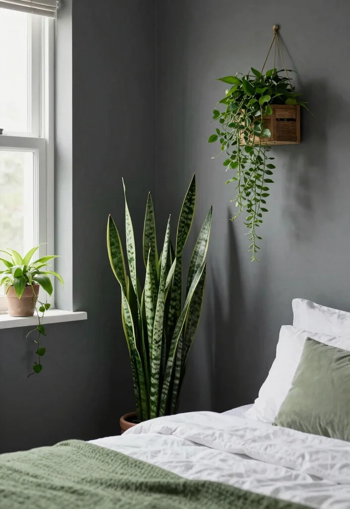 16 Charcoal Accent Wall Bedroom Ideas for a Modern Dramatic Look - 6. Incorporating Greenery 1