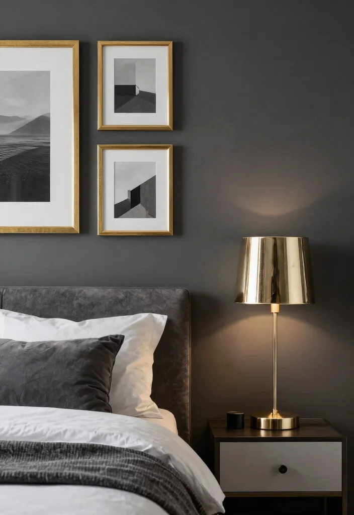16 Charcoal Accent Wall Bedroom Ideas for a Modern Dramatic Look - 9. Incorporating Metallic Accents 1