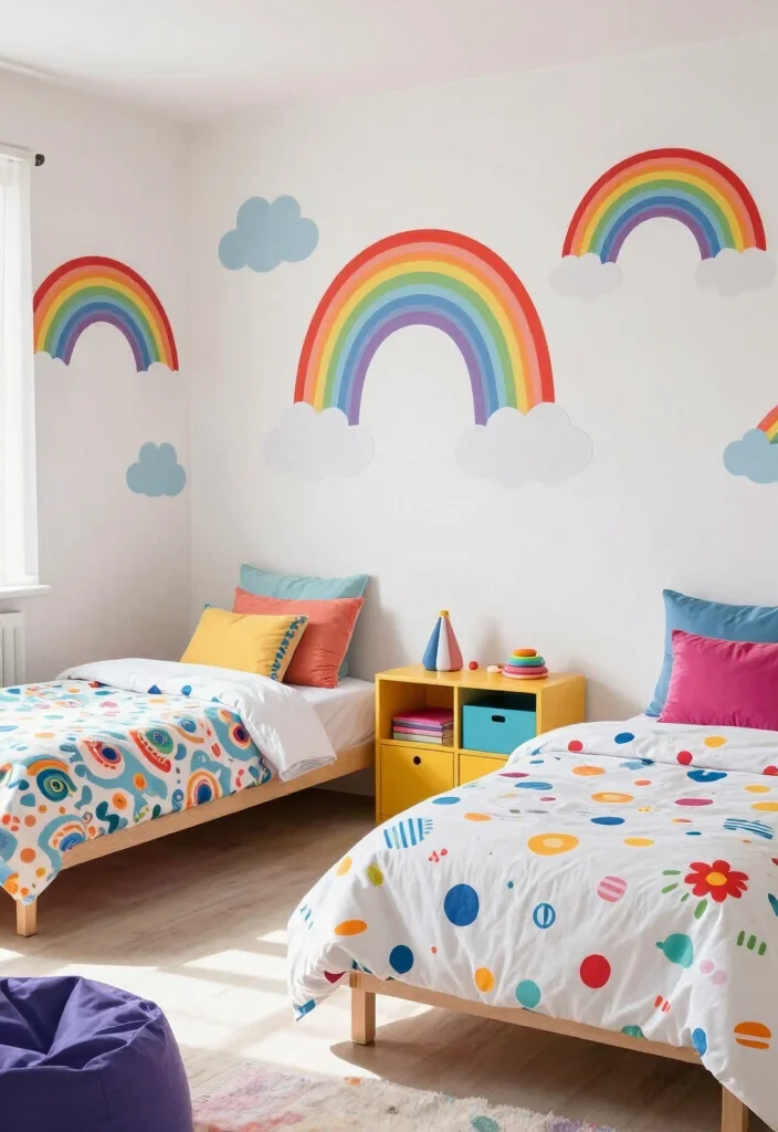 16 Toddler Twin Bedroom Ideas Cute Safe and Functional - 8. Bright Rainbow Dreams 1