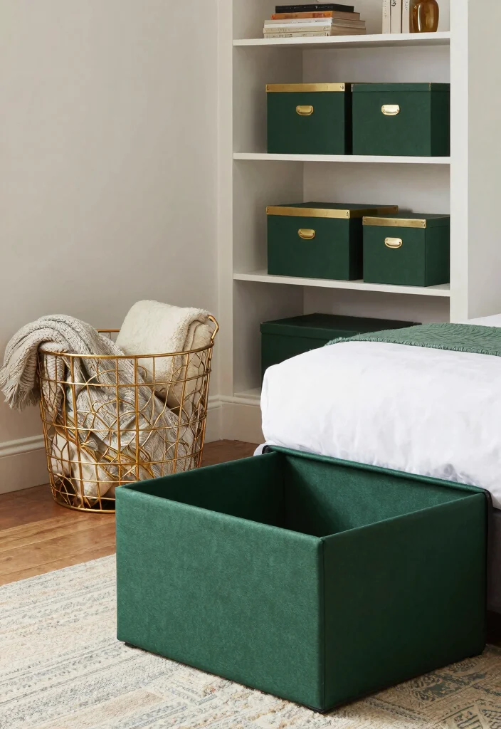 17 Green and Gold Bedroom Ideas: Luxurious Balanced Style - 10. Chic Storage Solutions 1
