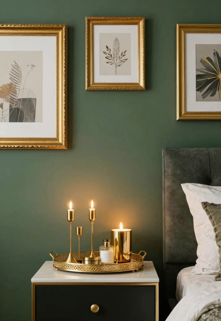 17 Green and Gold Bedroom Ideas: Luxurious Balanced Style - 11. Gold Decor Accents 1