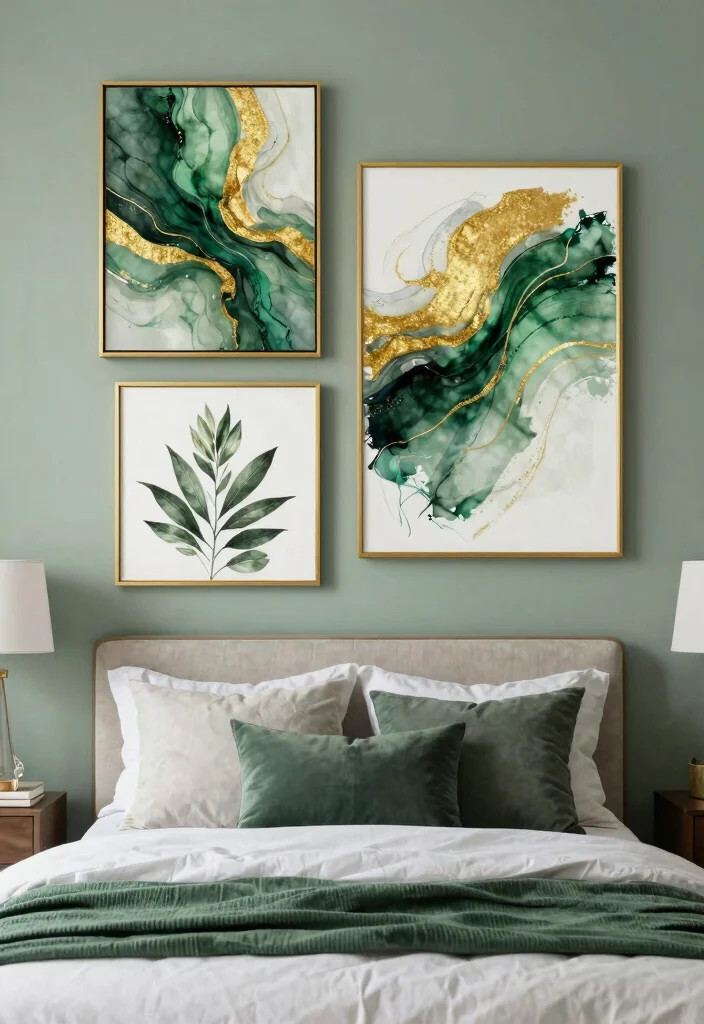 17 Green and Gold Bedroom Ideas: Luxurious Balanced Style - 12. Gold and Green Artwork 1