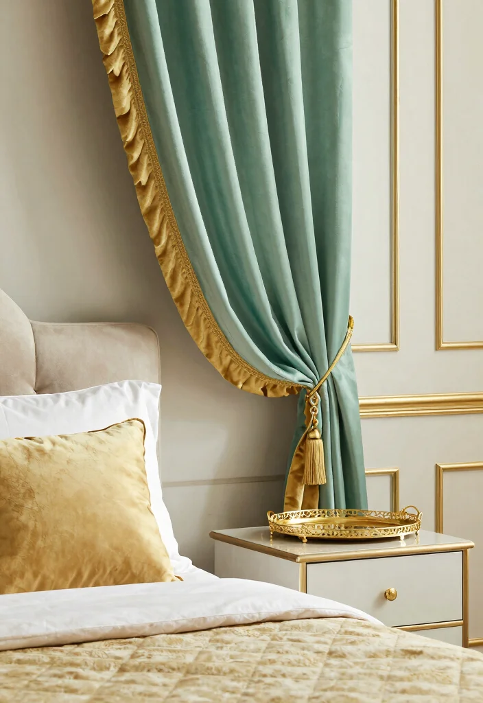 17 Green and Gold Bedroom Ideas: Luxurious Balanced Style - 13. Gold Trim Accents 1