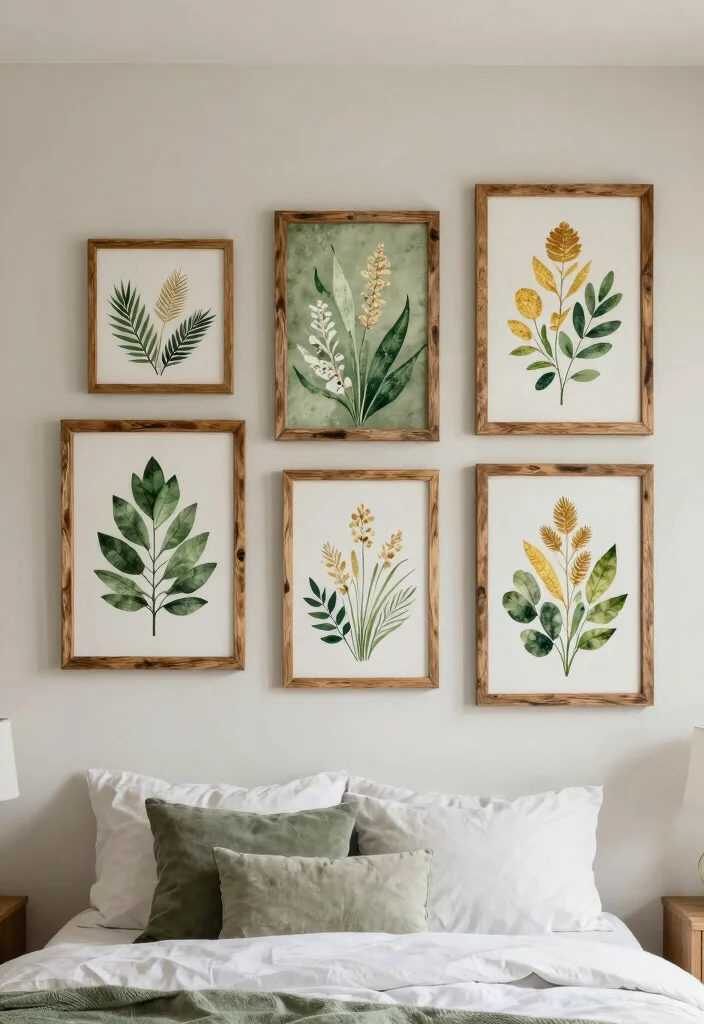 17 Green and Gold Bedroom Ideas: Luxurious Balanced Style - 14. Eco-Friendly Wall Art 1
