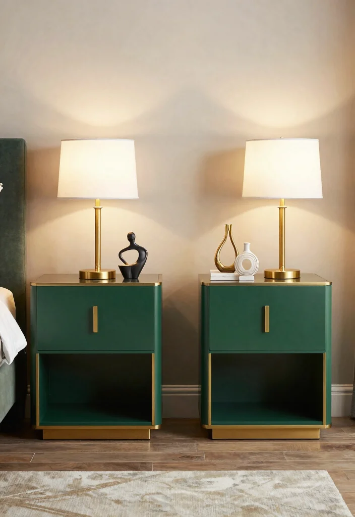 17 Green and Gold Bedroom Ideas: Luxurious Balanced Style - 15. Elegant Bedside Tables 1