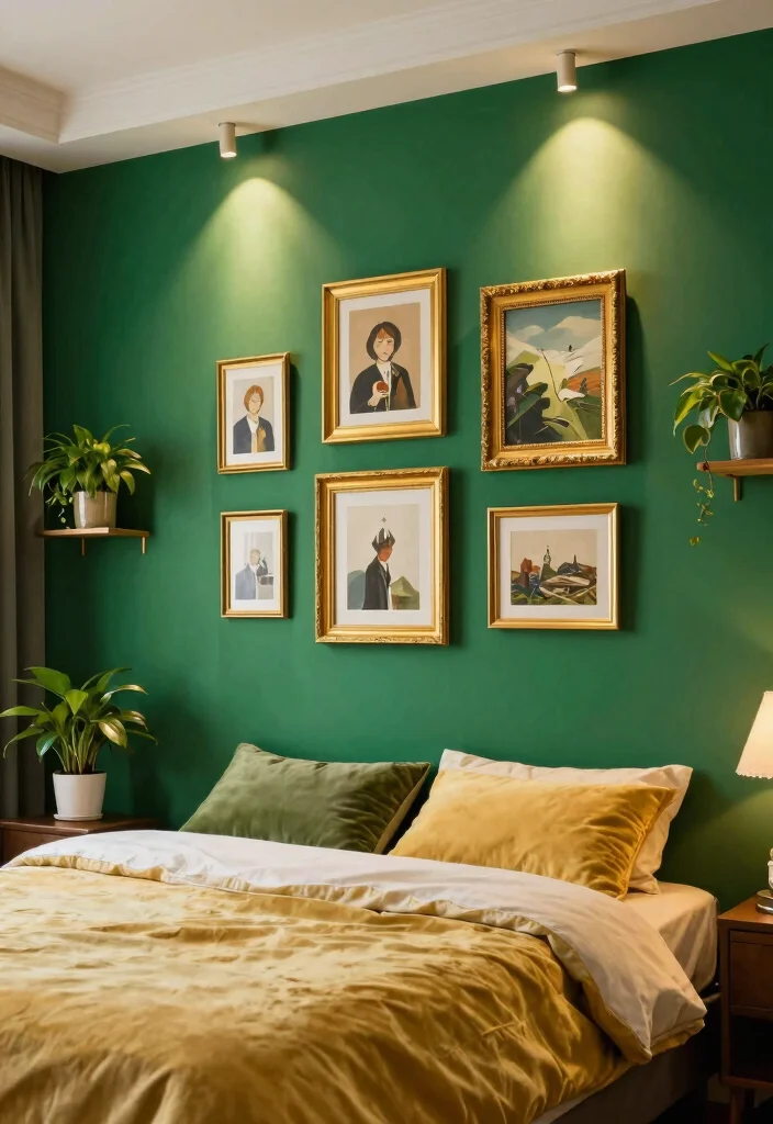 17 Green and Gold Bedroom Ideas: Luxurious Balanced Style - 2. Statement Green Accent Wall 1