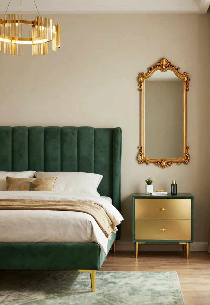 17 Green and Gold Bedroom Ideas: Luxurious Balanced Style - 3. Gold Accented Furniture 1