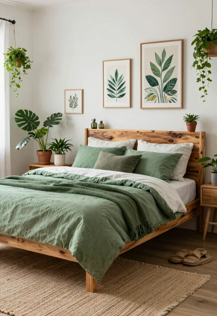 17 Green and Gold Bedroom Ideas: Luxurious Balanced Style - 4. Eco-Friendly Décor 1