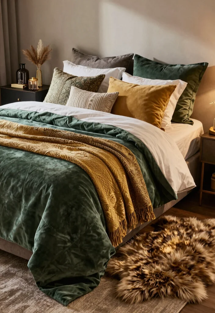 17 Green and Gold Bedroom Ideas: Luxurious Balanced Style - 5. Layered Textures 1