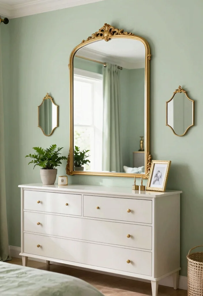17 Green and Gold Bedroom Ideas: Luxurious Balanced Style - 6. Gold Mirrors 1