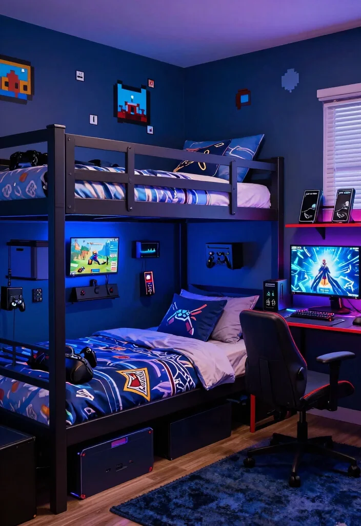 18 Boys Bedroom Ideas With Bunk Beds: Fun and Practical - 7. Tech Zone: Gamer-Themed Bunk Beds 1