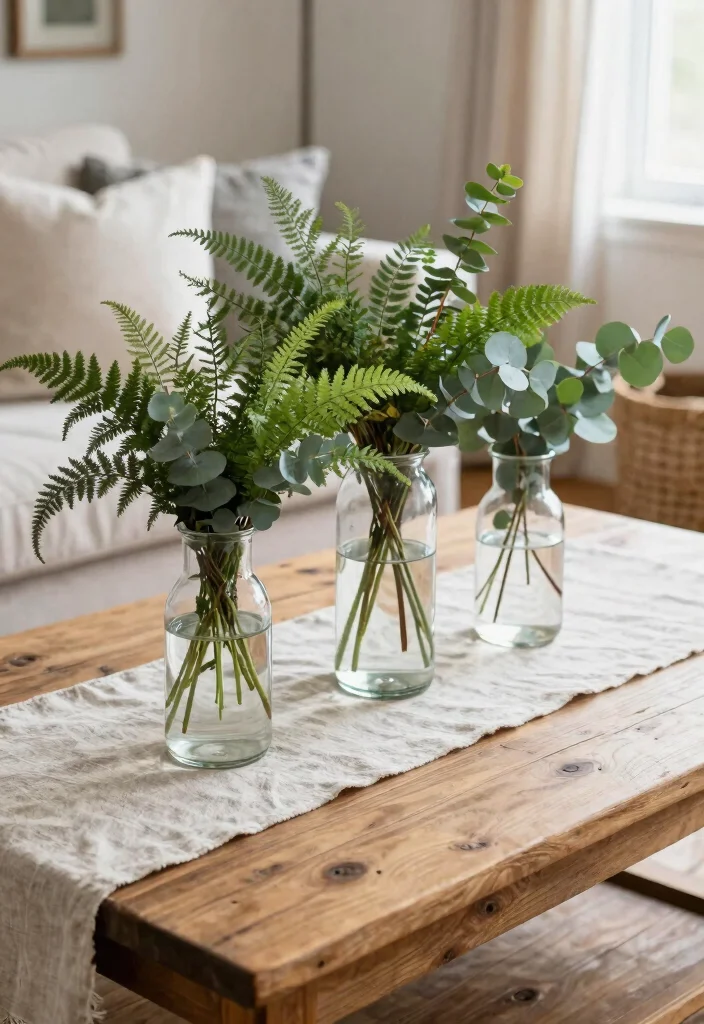 12 Farmhouse Coffee Table Decor Ideas That Don't Look Cluttered - 1. Fresh Greenery in Simple Vases 1