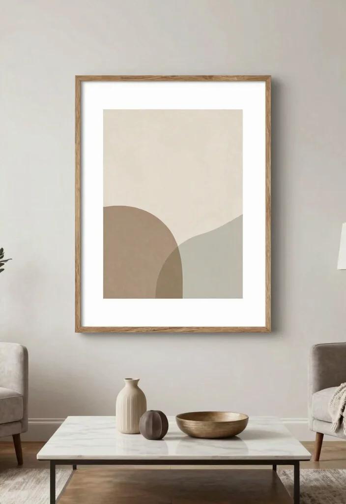 12 Farmhouse Coffee Table Decor Ideas That Don't Look Cluttered - 10. Minimalist Wall Art as Backdrop 1