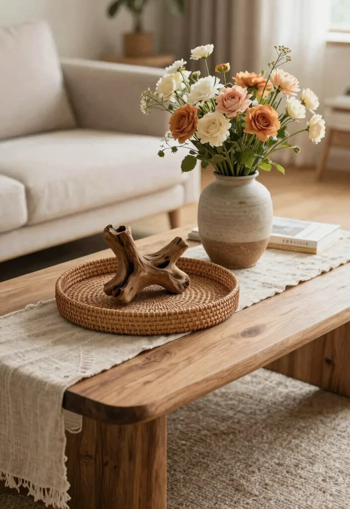 12 Farmhouse Coffee Table Decor Ideas That Don't Look Cluttered - 11. Use of Natural Materials 1