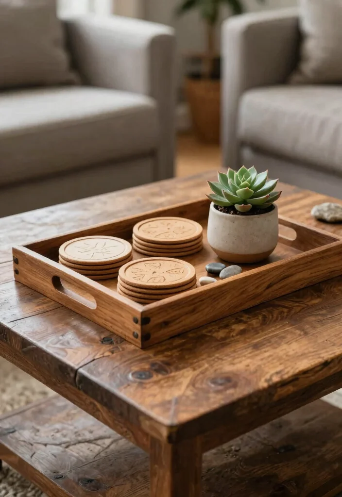 12 Farmhouse Coffee Table Decor Ideas That Don't Look Cluttered - 3. Rustic Wooden Trays for Organization 1