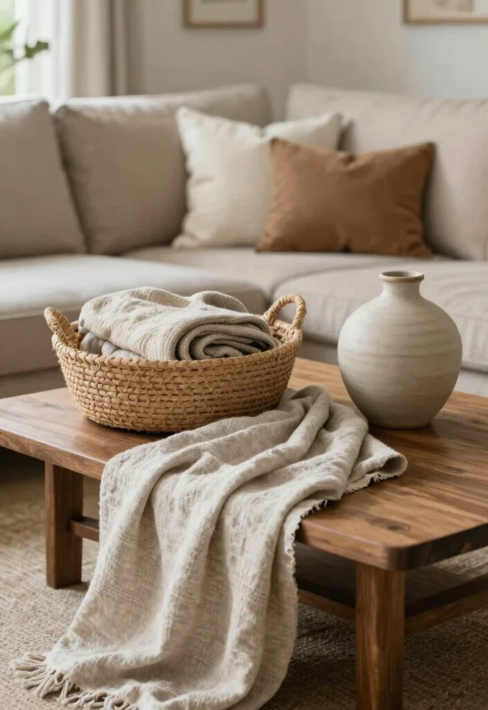 12 Farmhouse Coffee Table Decor Ideas That Don't Look Cluttered - 4. Layered Textures with Fabrics 1