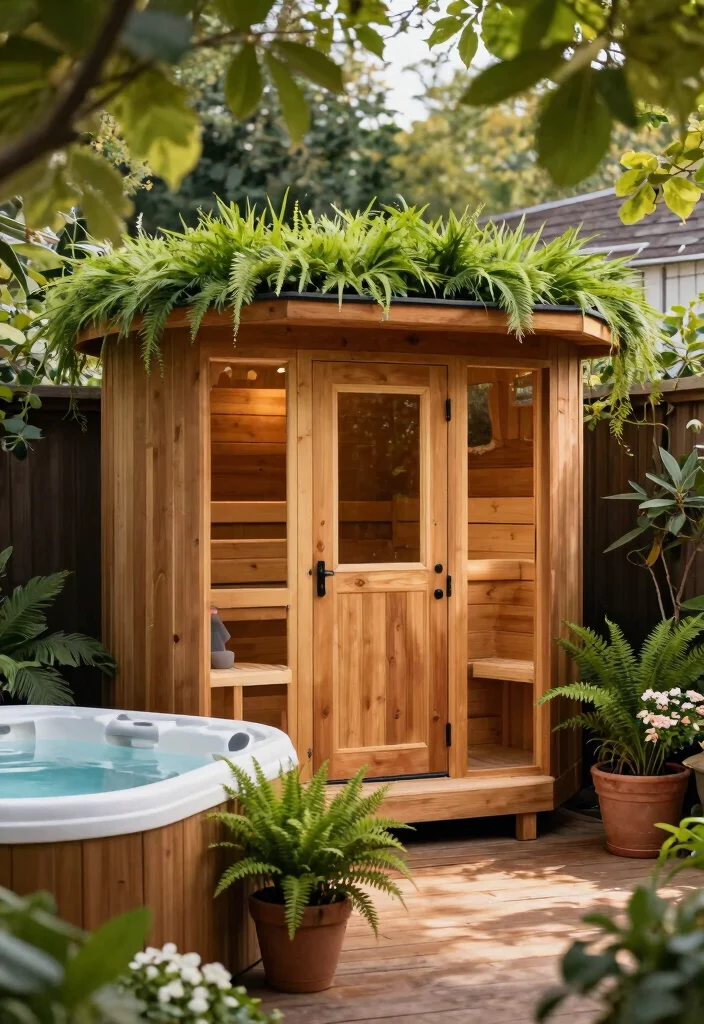 12 Outdoor Sauna and Hot Tub Ideas for Small Backyards - 1. Compact Cedar Sauna with a Green Roof 1