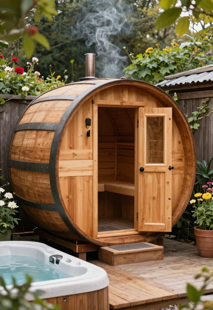 12 Outdoor Sauna and Hot Tub Ideas for Small Backyards - 4. Rustic Barrel Sauna 1