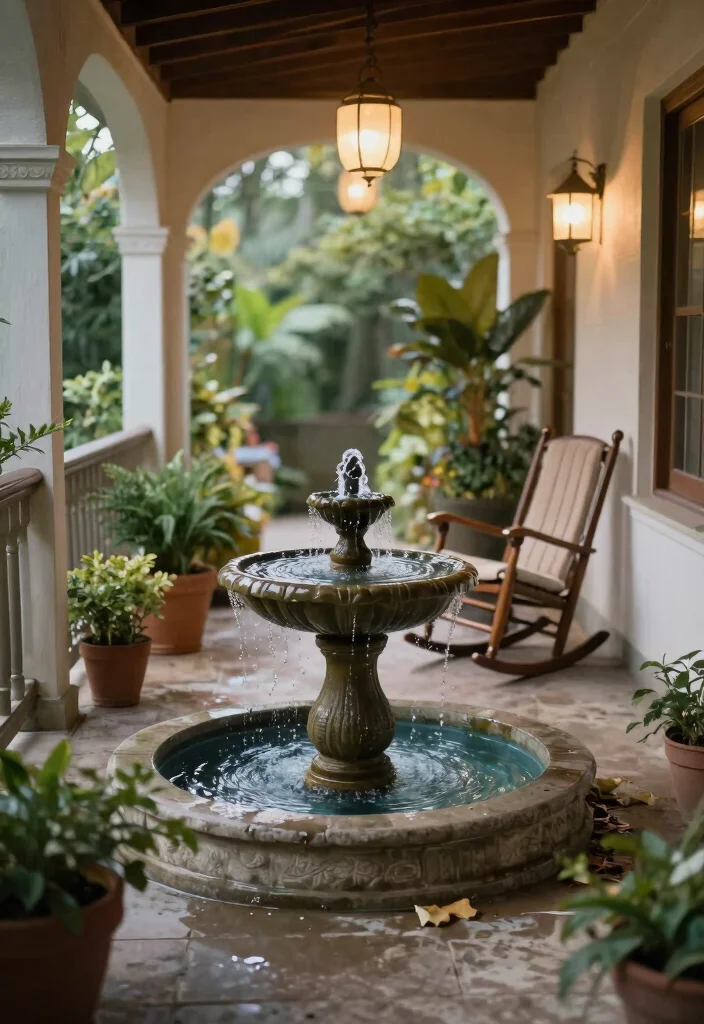 12 Rocking Chair Porch Ideas That Fit Narrow or Shallow Porches - 10. Add a Small Water Feature 1