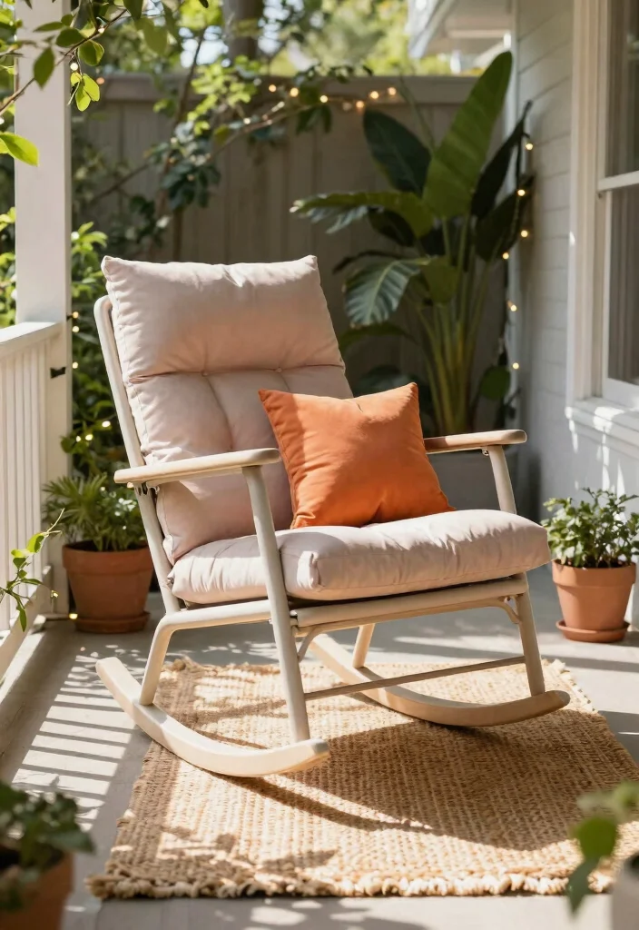 12 Rocking Chair Porch Ideas That Fit Narrow or Shallow Porches - 2. Compact Rocking Chair with Stylish Cushions 1