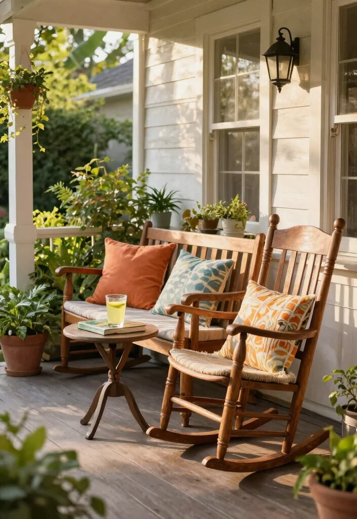 12 Rocking Chair Porch Ideas That Fit Narrow or Shallow Porches - 3. Use a Rustic Bench for Extra Seating 1