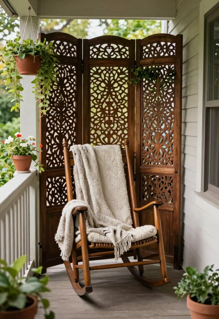 12 Rocking Chair Porch Ideas That Fit Narrow or Shallow Porches - 7. Use Decorative Screens for Privacy 1