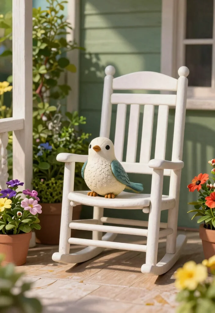 12 Rocking Chair Porch Ideas That Fit Narrow or Shallow Porches - 8. Integrate Small Garden Statues 1