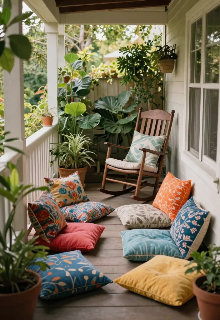 12 Rocking Chair Porch Ideas That Fit Narrow or Shallow Porches - 9. Floor Cushions for Relaxed Seating 1
