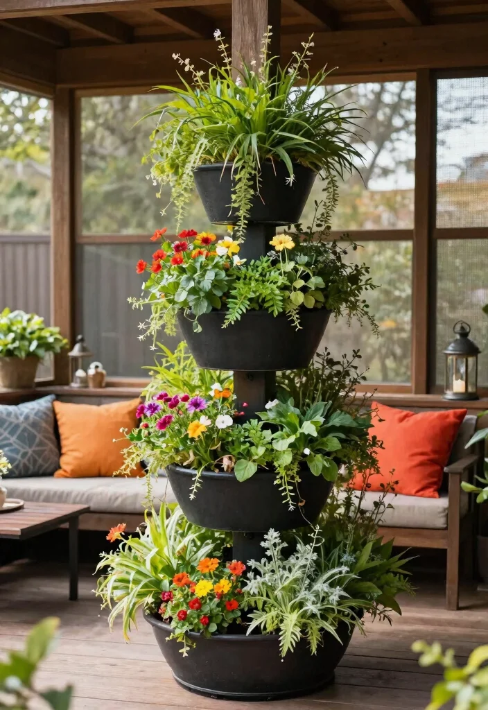 12 Small Screened In Porch Ideas That Maximize Tight Spaces - 5. Vertical Planter Towers 1