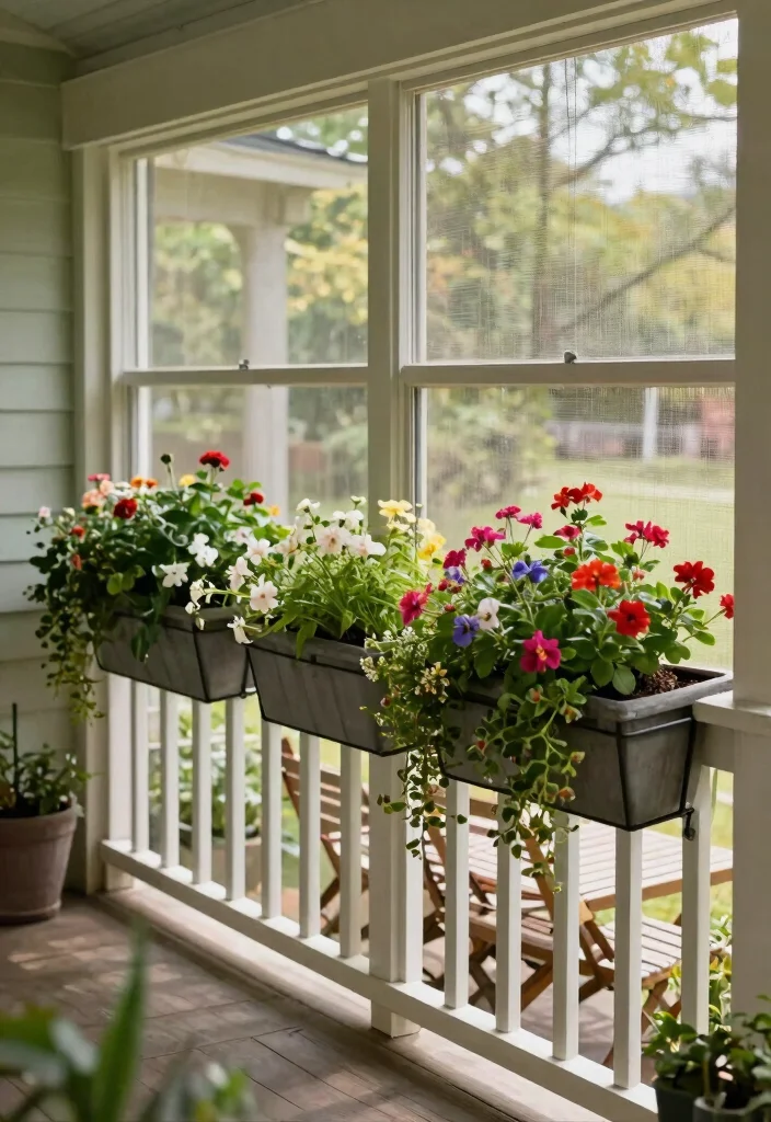 12 Small Screened In Porch Ideas That Maximize Tight Spaces - 6. Use Railings for Planters 1