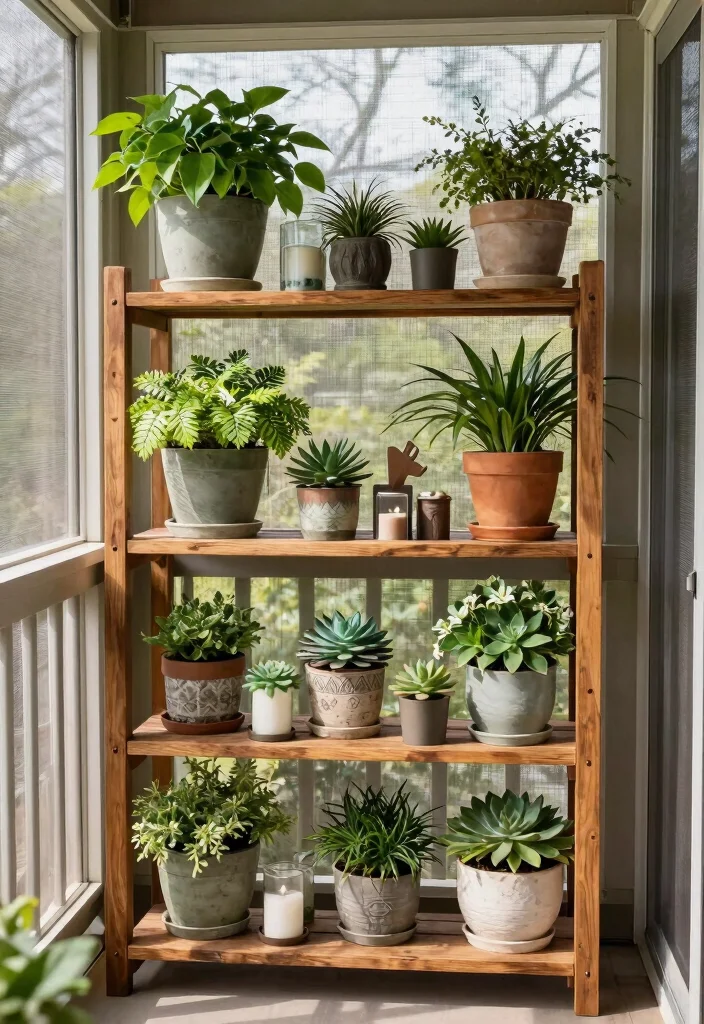 12 Small Screened In Porch Ideas That Maximize Tight Spaces - 7. Rustic Shelving for Plants 1