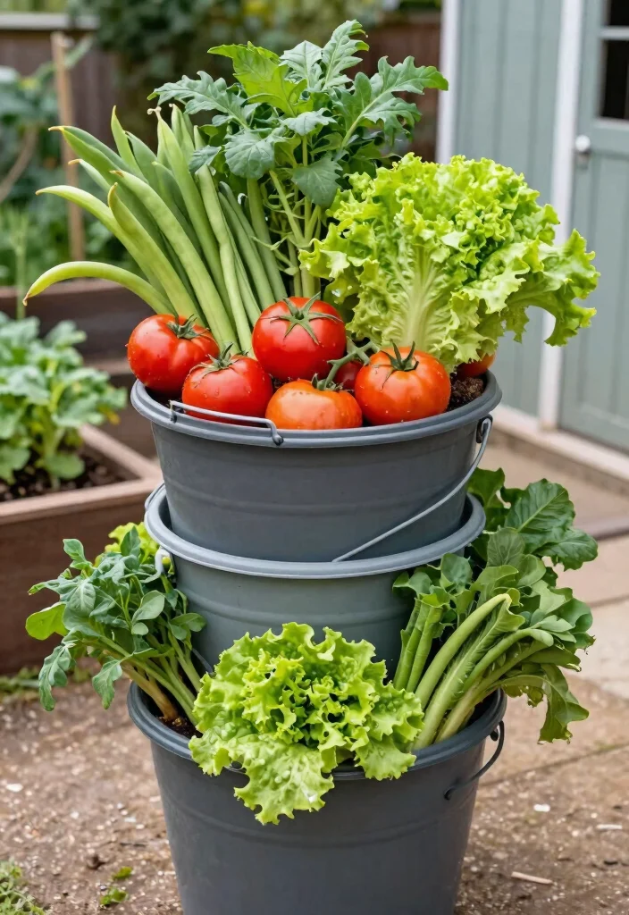 14 Bucket Gardening 5 Gallon Ideas That Drain Well and Grow Big Plants - 10. Vertical Vegetable Garden 1