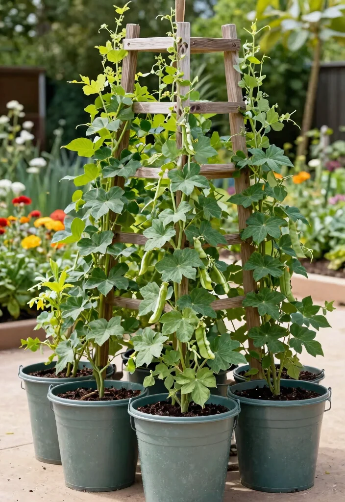 14 Bucket Gardening 5 Gallon Ideas That Drain Well and Grow Big Plants - 13. Trellis Bucket Garden 1