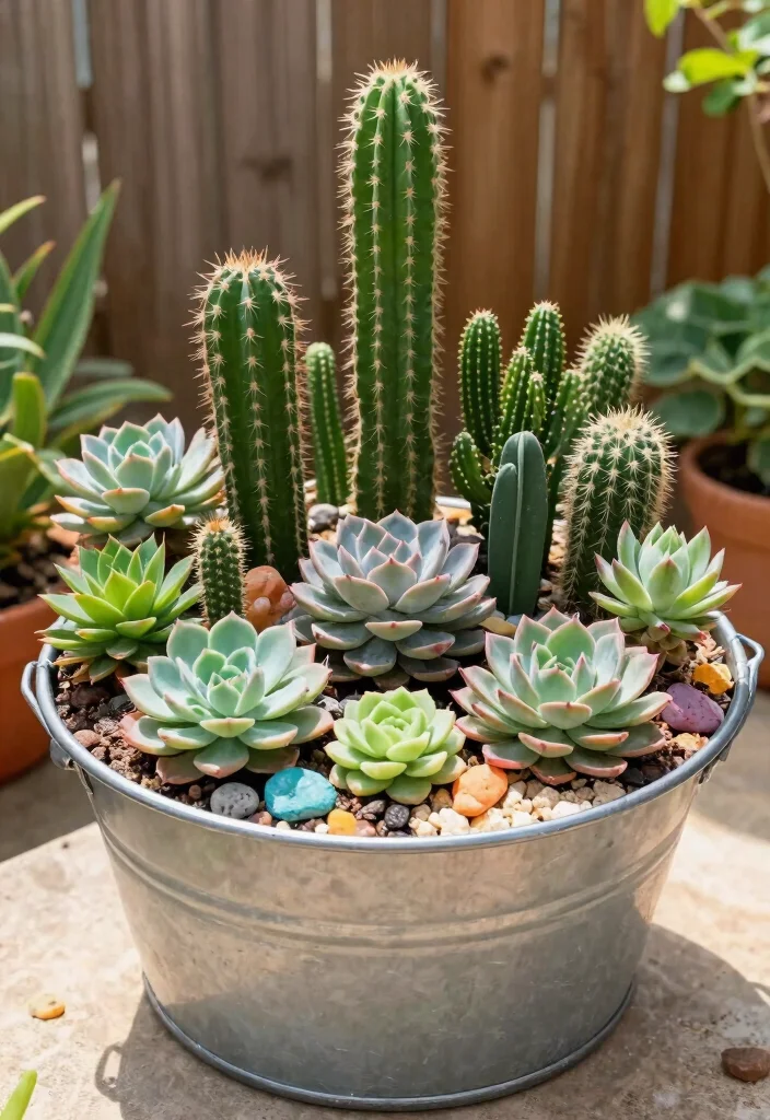 14 Bucket Gardening 5 Gallon Ideas That Drain Well and Grow Big Plants - 9. Succulent and Cacti Arrangement 1