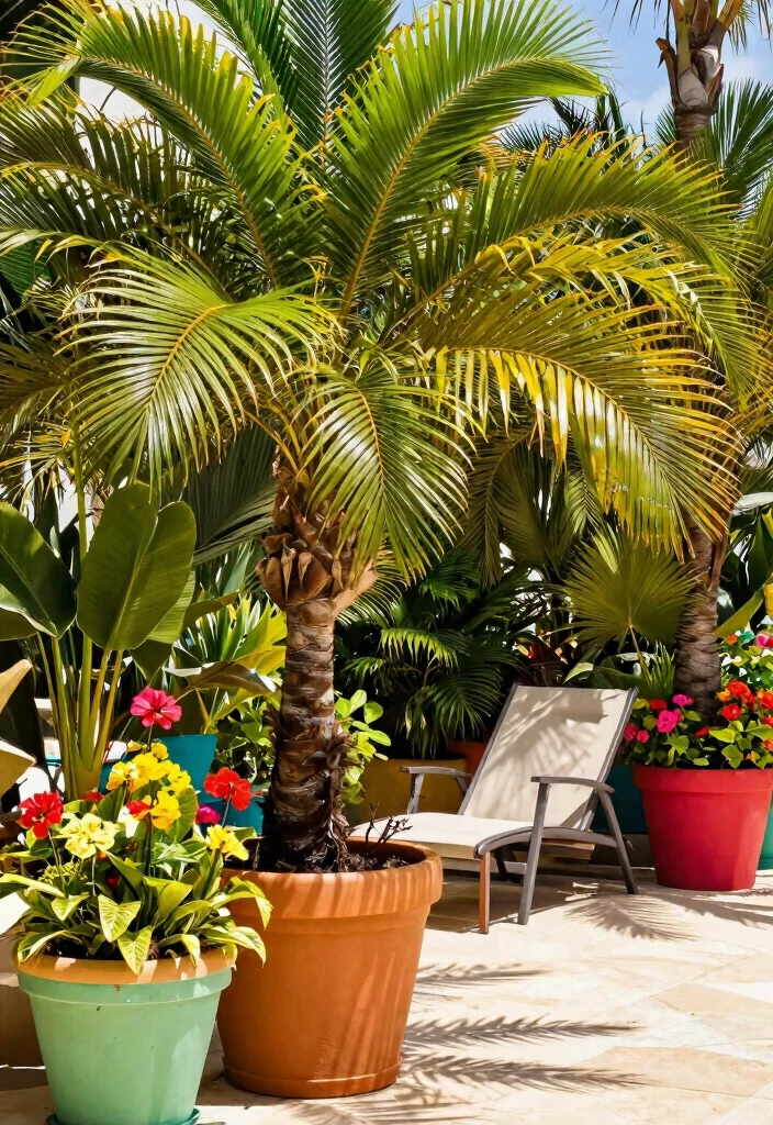 14 Patio Planter Ideas That Thrive in Full Sun Without Daily Watering - 13. Tropical Touch with Palms 1