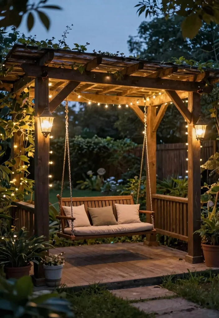 14 Pergola With Swing Ideas That Turn Any Backyard Into a Retreat - 11. Pergola with Swing and Outdoor Lighting 1